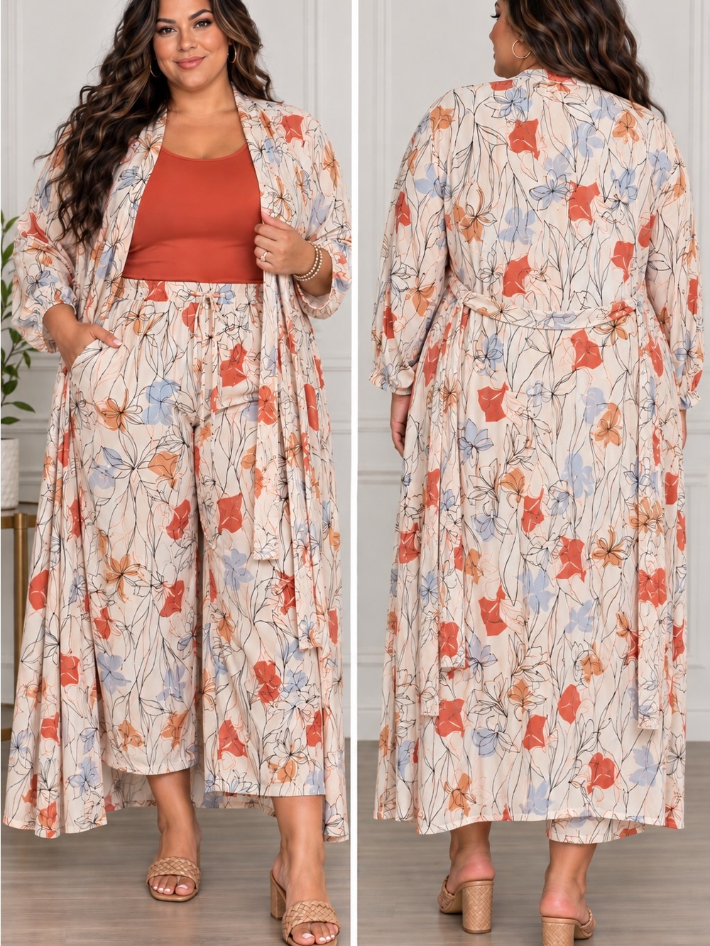 Eloquii Cream Multi Floral Cropped Pants & Long Duster Set